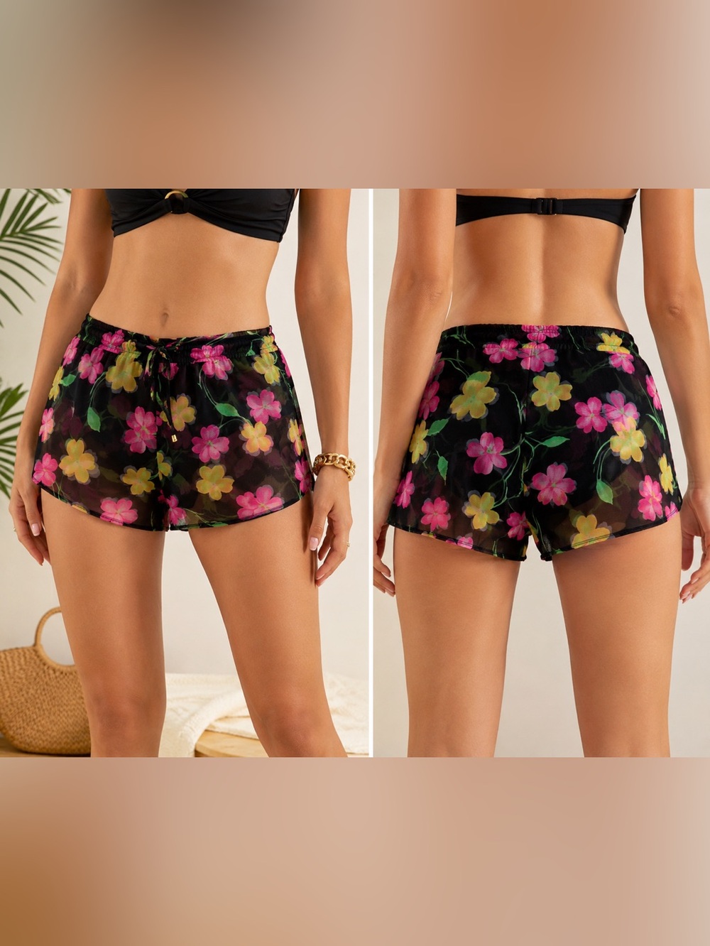 Floral Sheer Swim Cover-Up Shorts Tropical Mesh Beach Cover Up
